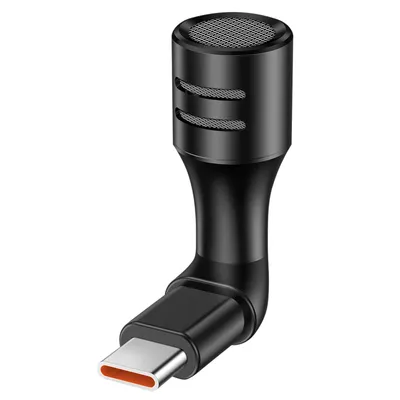 A black USB-C microphone with a bent connector.