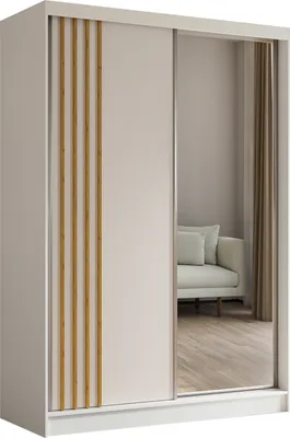 Produktbild von 150 cm Kleiderschrank Neli mit Lamellen und Spiegel inklusive 2 Schiebetüren Schwebetürenschrank (Farbe: weiß, weiß, Lamelle Artisan)