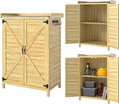 Image de Armoire de jardin en bois - Armoire à outils pour l'extérieur - Étanche - Toit métallique galvanisé - Étagères, 2 portes, crochets - 71,5 × 39 × 95 cm - Bois naturel