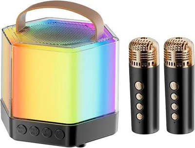 Immagine prodotto di Altoparlante wireless per karaoke con 2 microfoni, luci RGB, 10,4 x 8,6 cm, per adulti