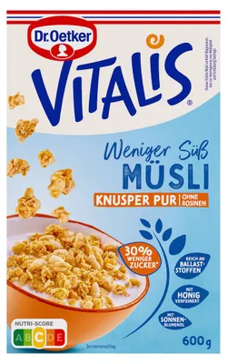 Produktbild von Dr. Oetker Vitalis Knuspermüsli weniger süß und weniger Zucker 600g 5er Pack