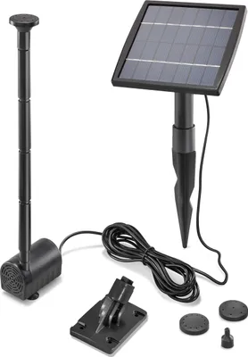 A solar-powered fountain pump kit with accessories, laid out on a white background.