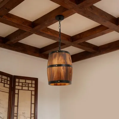 Produktbild von Retro Weinfass Hängeleuchte Holz Kronleuchter Einstellbare Pendelleuchte Industriellen Anhänger Lampe