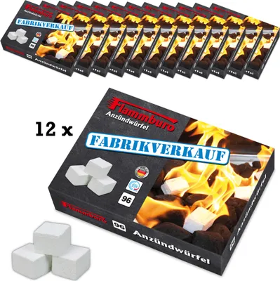 Produktbild von FLAMMBURO Karton mit 12 Paraffin Anzünder Schachteln - bis zu 1152 Anzündwürfel - Perfekt geeignet als Kaminanzünder, Kohleanzünder und Grillanzünder