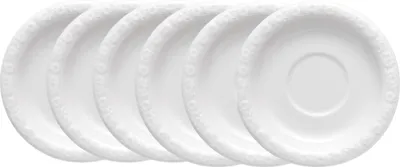A set of white saucers arranged in a slight overlap.