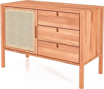 Produktbild von Kommode Zola Kernbuche massiv und Rattan 97x69 cm mit 3 Schubladen und 1 Tür