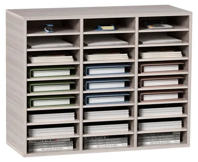Immagine prodotto di Organizzatore per la letteratura VEVOR in legno con 27 scomparti, ripiani regolabili, organizzatore in pannelli di fibra a media densità, per archiviare documenti, carte e riviste