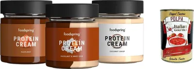Produktbild von Crema Proteica Pack 3 in 1, Proteincreme Testpaket | Haselnusscreme 200 g + Kokoscreme 200 g + Haselnuss & cremige Milch-Duo-Creme 200 g + Italian Gourmet polpa 400g