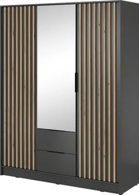 Produktbild von Furniture24 Kleiderschrank Nelly 3D Schrank mit Spiegel 2 Türiger 2 Schubladen Graphite Drehtürenschrank