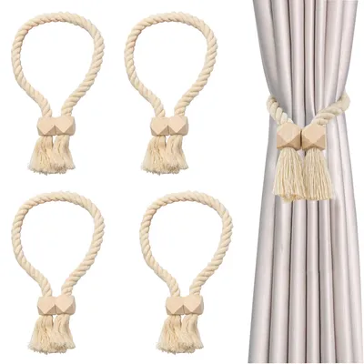 Produktbild von 4 Stück Magnetische Gardinenhalter aus Baumwollseil, handgewebt, beige