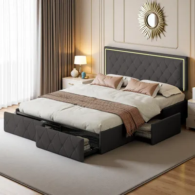 Image de ProximaX lit rembourré 160x200cm, lit double avec et 4 tiroirs, lit de rangement lit d'adolescent avec sommier à lattes et Led, lit fonctionnel lit en bois massif, PU, gris