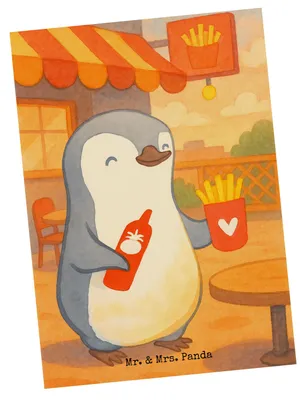 Produktbild von Mr. & Mrs. Panda Postkarte Pinguin Pommes Design - Weiß - Geschenk, Mitbringsel, für Freundin, Freund, Ansichtskarte, Hochzeitstag, Frauen, Grußkarte, Postkarten