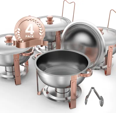 Image de VEVOR Chauffe-plat Chafing Dish Buffet avec 4 récipients pleine grandeur (4,7 L chacun), chauffe-plat traiteur rond avec couvercle & poêle à eau & support pliable, pour mariages fêtes or rose