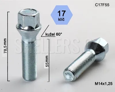 Obrázok produktu pre Skrutka kolesa M14x1,25x55, kužeľová, kľúč 17, C17F55, výška 78,5 mm