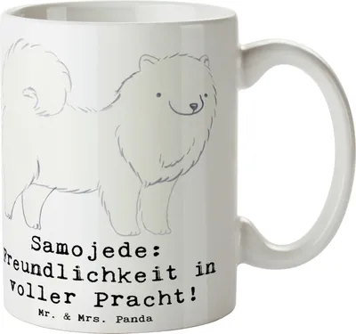 Produktbild von Mr. & Mrs. Panda Tasse Samojede Freundlichkeit - Weiß - Geschenk, Freundschaft, Pott, Kaffeetasse, Hunderasse, geistige Auslastung, Teetasse, Becher, cappuccinotasse