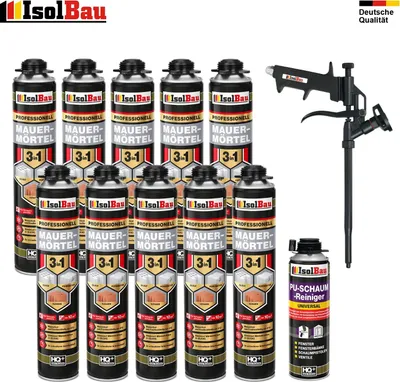Mauermörtel 10 x 750ml SET Teflon Schaumpistole Reiniger Montageschaum PU Mörtel