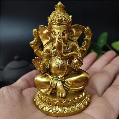 Image de Statue de Ganesha en bois, fabriquée à la main, décorative et dorée