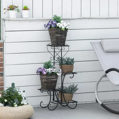 Produktbild von Blumenständer Metall 4 Ebenen, Pflanzenregal Blumentreppe wetterfest, Retro-Stil, Schwarz | 45 x 24,5 x 80 cm | 24 kg | für innen & außen