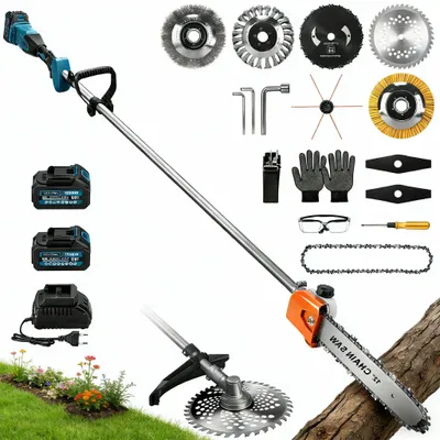 Produktbild von 1380W 2-IN-1 Akku Rasentrimmer & Hochentaster (12 Zoll/192CM/165° ) 18800RPM Bürstenloser mit 2x AKKU, 7 Klingentypen, Freischneider für Makita 18V