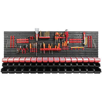 Obrázok produktu pre 48 stohovacích boxov nástenná polica plastové veko 172 x 78 cm držiak na náradie dielenský garážový skladovací systém otvorené úložné boxy žľab