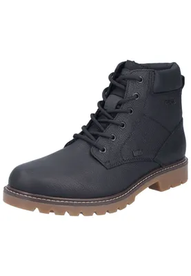 A black leather boot with a brown sole is shown against a white background.