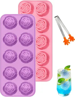 Imagen del producto de Molde de silicona para hacer cubitos de hielo en forma de rosa - Juego de 2 - Molde para hacer 10 cubitos de hielo - Pequeñas rosas - Molde de silicona