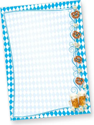 Produktbild von Briefpapier bayrisch (50 Stück) mit Rautenmuster Bayern , Bier und Brezeln für Einladung oder Speisekarten zum bayrischen Fest