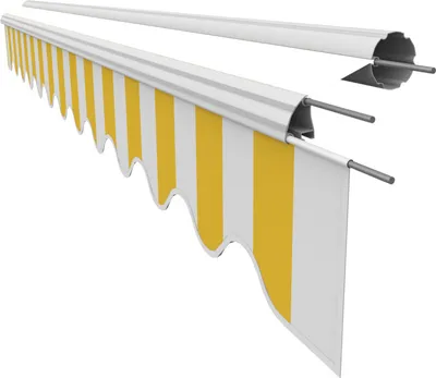 A close-up, isolated view of a retractable awning fabric with a yellow and white striped pattern.