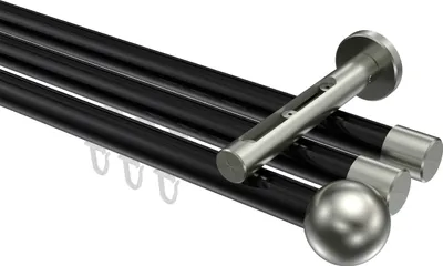 Produktbild von Interdeco Innenlaufstange / Gardinenstange mit Innenlauf Schwarz / Edelstahl-Optik, Typ Siteno Luino (Kugel), 20 mm Ø 3-läufig, 260 cm