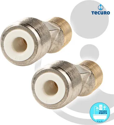 Two plumbing fittings are shown against a white and light gray background. The brand logo 'TECURL' is visible in the upper right corner, and a smaller logo with a bathtub and shower icon is in the lower right corner.