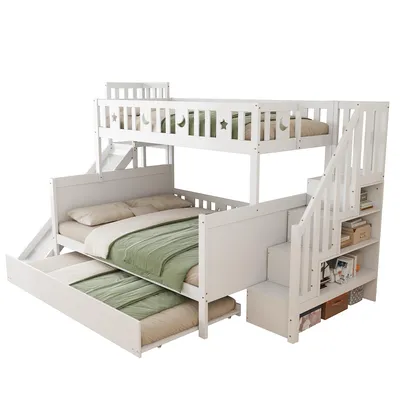Produktbild von okwish Etagenbett Stockbett 90x200cm&140x200cm mit Stauraumleiter und Rollbett 90x190cm, Hochbett mit Rausfallschutz, Massivholzbett Kinderbett Bettgestell mit Lattenrost und Rutsche, Weiß