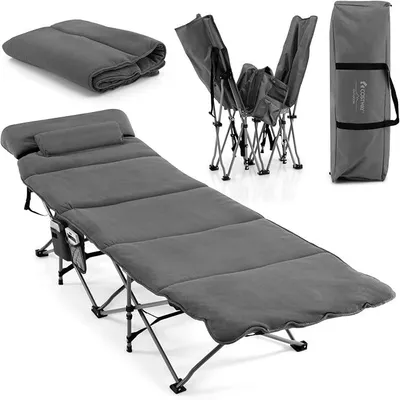 Imagen del producto de Cama plegable Silecomplaza para acampar, con colchón, almohada y bolsillo lateral, tumbona portátil para camping con capacidad de hasta 200 kg, incluye bolsa de transporte. Cama plegable para camping, playa, color gris