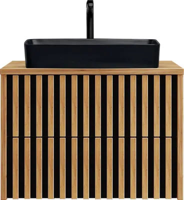 Produktbild von Badezimmer Waschtisch 80 cm mit Lamellenfront, Aufsatzwaschbecken schwarz LUCCA-107 in Eiche Nb., B/H/T: ca. 80,4/73,5/45,5 cm