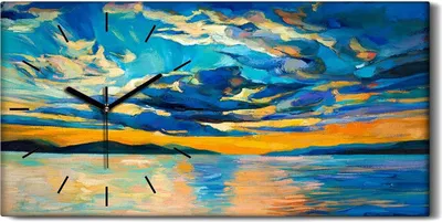 Produktbild von Leinwand Wanduhr Wandkunst Uhr Geräuschlos 60x30 Meeresgebirge Sonnenuntergang - schwarze Hände