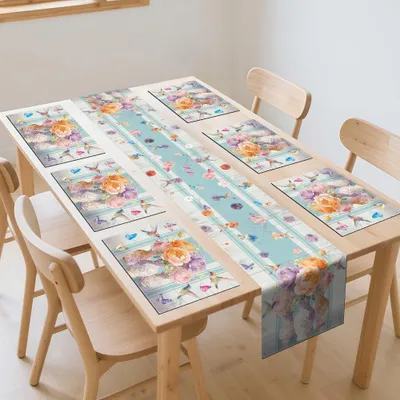 Tafelloper und Platzdeckchen Set, 7-teilig, Blumen-Kolibri Design