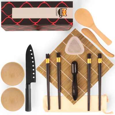 Sushi-Set 17-teilig mit Bambusmatte, Messer, Formen & Zubehör