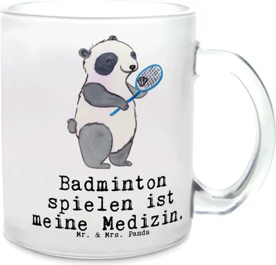Produktbild von Mr. & Mrs. Panda Haferl Panda Badminton  - Transparent - Geschenk, Pott, Trinkglas, Tee Tasse, spielen, Teetasse aus Glas