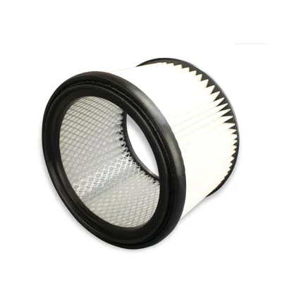 A close-up studio shot of a pleated air filter with a black rubber seal.