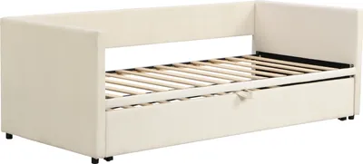 Produktbild von Ausziehbares Schlafsofa 90/180 x 200 cm mit Lattenrost, 2-Sitzer-Schlafsofa, Samt, beige