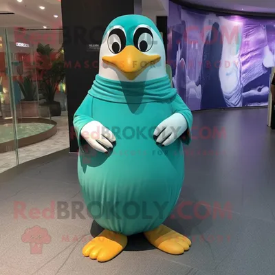 Produktbild von Blaugrüner REDBROKOLY Pinguin Maskottchen Kostüm charakter bekleidet mit einem Empire-Taillenkleid und Fußpolstern