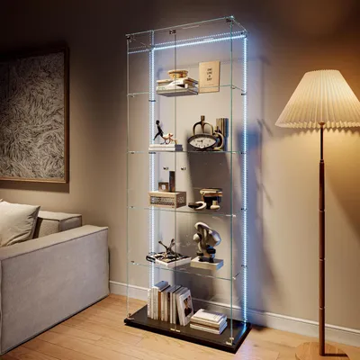 Immagine prodotto di Vetrina espositiva con illuminazione a LED, 5 ripiani, 2 ante, dimensioni 78,5 x 34,5 x 186,5 cm, colore nero