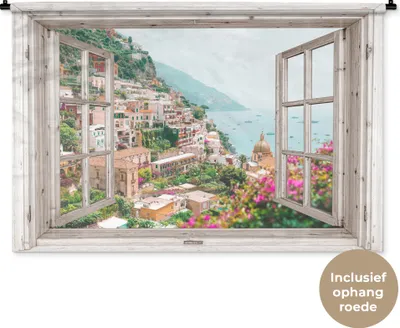Produktbild von MuchoWow® Wandteppich Wandbehang Ausblick - Italien - Blumen - Meer - Küste - Stadt - Berge 150x100 cm Tapisserie Dekoration Wandtuch - Waschbar - Tapisserien - Wand-Decke