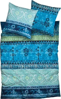 A folded duvet and two pillowcases with a blue and turquoise patterned design, laid out on a white background.