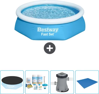 Immagine prodotto di Piscina gonfiabile rotonda Bestway a presa rapida - 244 x 61 cm - blu - include copertura - pacchetto manutenzione - pompa - telo di protezione