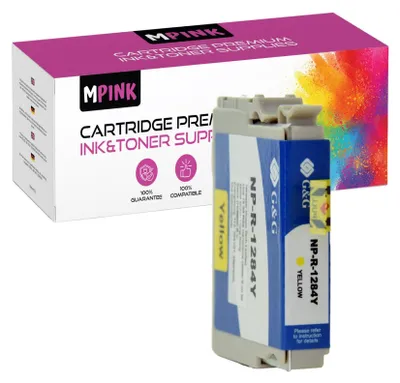 A product box and an ink cartridge are shown. The box is pink and white with text and graphics. The ink cartridge is yellow and blue.