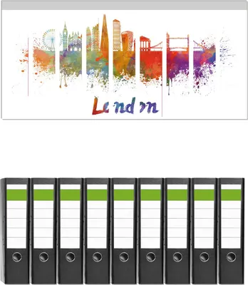 Produktbild von Wallario 9 Stück breite Ordner inkl. Klebeetiketten mit Motive Städte als Aquarell - Skyline von London -  Set mit Rückenschildern / Ordnerrücken Stickern