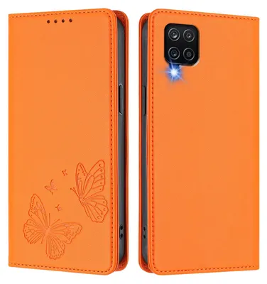 Obrázek produktu pro Kožené pouzdro pro Samsung Galaxy A12, motýlí ražbou, peněženkové flip pouzdro se stojánkem Oranžová