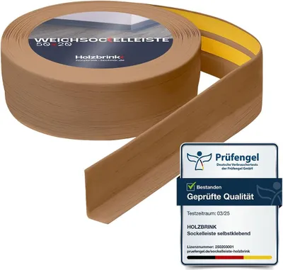 A roll of brown flexible skirting board with adhesive backing, shown partially unrolled, with a certification badge in the foreground.