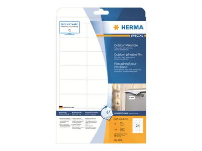 Image de Film adhésif extérieur HERMA, format A4, blanc mat, dimensions 63,5 x 33,9 mm, boîte de 240 pièces