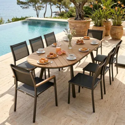 Image de Ensemble table extensible 180/220 cm et 8 chaises de jardin effet bois - Oviala Jakarta